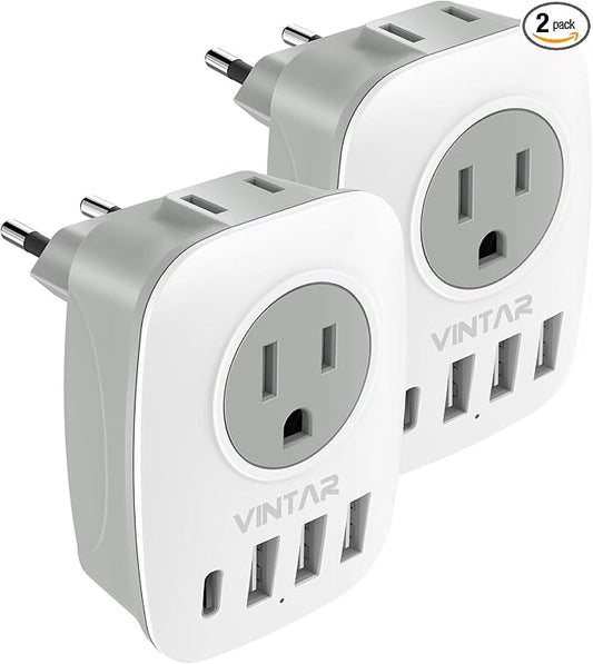 2 Pack European Travel Plug Adapter, VINTAR International Power Plug Adapter with 1 USB C, 2 American Outlets and 3 USB Ports, 6 in 1 Travel Essentials to Most of Europe Greece, Italy(Type C)