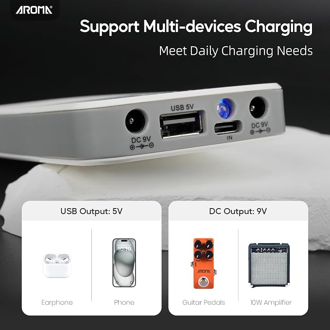 AROMA Guitar Pedal Battery Power Bank Supply Rechargeable with Built-in 10000mAh for 9V Effect Pedal and More Devices