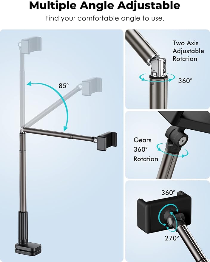 Viozon Phone Holder, Flexible Long Arm,Overhead Mount,360° Angle Adjustable,Aluminum Alloy, C Clamp for Headboard Bedside&Table&Desk,Compatible with 3.5"-6.9" Phone,iPhone 16 15Plus / Pro Max