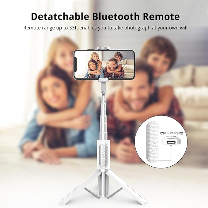 ATUMTEK Selfie Stick Tripod, 3-in-1 Extendable Aluminum Phone Tripod with Detachable Bluetooth Remote, Compatible with iPhone 17/16/15/14/13/12/11/11 Pro/XS Max/XR and Samsung Smartphones, White