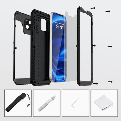 Mitywah Waterproof Case for iPhone 14, Heavy Duty Shockproof Case with Built-in Screen Protector, Full Body Underwater Protective Metal Case 6.1 inch, Black