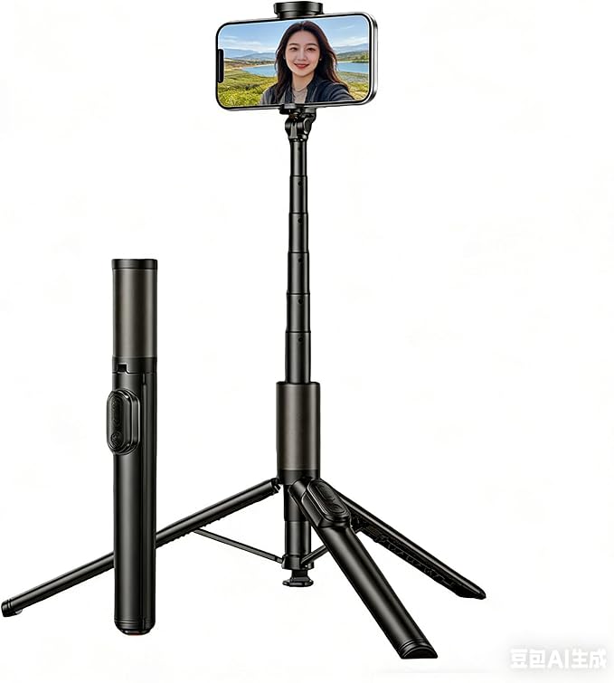Selfie Stick Tripod for iPhone & Android, Portable Phone Tripod Stand with Bluetooth Remote, One-Click Open, Compact & Lightweight, All-in-1 for Vlog/Travel/Photography (Black)