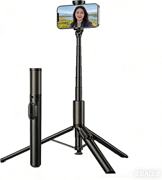 Selfie Stick Tripod for iPhone & Android, Portable Phone Tripod Stand with Bluetooth Remote, One-Click Open, Compact & Lightweight, All-in-1 for Vlog/Travel/Photography (Black)