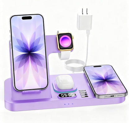 Dual Phone Wireless Charging Station for Apple Devices, Magnetic Charging Station for iPhone with Auto Switch 7-Color Light&Clock, Family Watch Charger for iPhone17 for iWatch11 for AirPods Pro3(Lilac