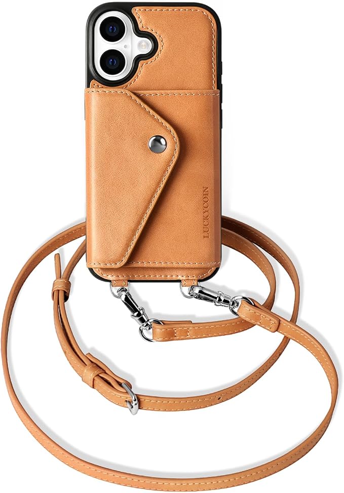 LUCKYCOIN for iPhone 17 Crossbody Wallet Case – Genuine Leather Phone Purse with Adjustable Strap and Card Holder,Lanyard Phone Purse Case for Women,Vintage Tan