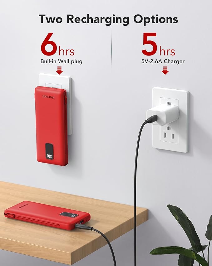 charmast Portable Charger,Power Bank Built-in Cables and AC Wall Plug,10000mAh USB C Fast Charging,External Battery Pack Slim,Travel Essentials Compatible with iPhone,iPad,Samsung,Android
