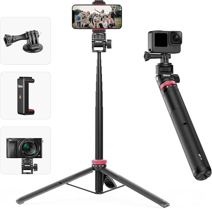 ULANZI MT-71 57.48 inch Extendable Selfie Stick, Phone Tripod for Go P-r-o w Smartphone Clamp Extension Pole, Compatible with DJI OSMO 360/OSMO Pocket 3/Insta 360 x 5/Xtra/Sony/Canon/Nikon/Cameras
