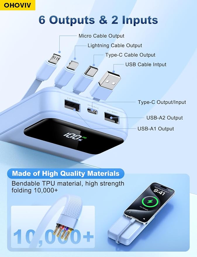 Portable Charger Power Bank 50000mAh Battery Pack, 22.5W Fast Charging PowerBank with Built in Cables,Travel Essential USB-C Portable Phone Charger for iPhone Samsung Pixel Android iPad-Blue