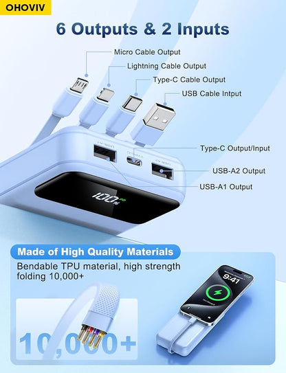 Portable Charger Power Bank 50000mAh Battery Pack, 22.5W Fast Charging PowerBank with Built in Cables,Travel Essential USB-C Portable Phone Charger for iPhone Samsung Pixel Android iPad-Blue