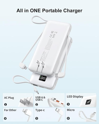 Portable Charger 10000mAh 22.5W PD 3.0+QC 4.0 Super Fast Charging Power Bank with Built-in Cables & AC Wall Plug, Slim External USB C Battery Pack for iPhone 17/16/15/14/13, Android, Samsung, iPad,etc