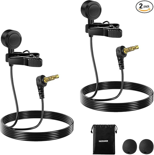 NEEWER ø9.7mm Lavalier Microphone (2 Pack), 3.5mm TRS Clip On Lapel Wired Omnidirectional Condenser Lav Mic with 1.5m Cable & Windscreen for Video Recording, Vlogging, Filming, LM10