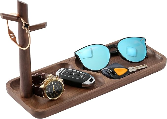Walnut Wood Key Tray for Entryway Table, Jewelry Tray, Catchall Tray with 3 Stand Hanging Organizer, for Rings, Phone, Bracelets Watches