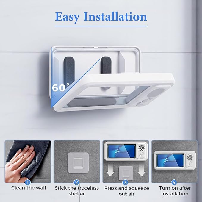 Shower Phone Holder Waterproof with Speaker and Key Control, Wall-Mounted Water Proof Anti Fog Case, Built-In Wireless Speaker, 360° Rotatable, Extendable and Adjustable, Waterproof Screen Touch