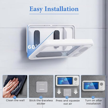 Shower Phone Holder Waterproof with Speaker and Key Control, Wall-Mounted Water Proof Anti Fog Case, Built-In Wireless Speaker, 360° Rotatable, Extendable and Adjustable, Waterproof Screen Touch