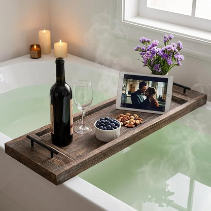Hanobe Bathtub Tray Bath Caddy: Wood Tub Trays Table Extra Large Rustic Bathtub Shelf Across Tub Wooden Serving Tray with Handles for Bathroom, 31"