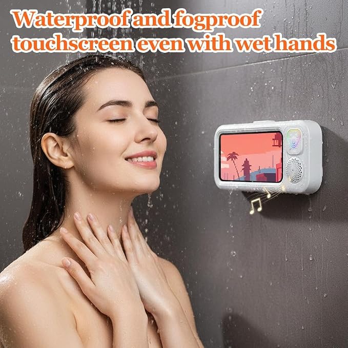 Shower Phone Holder with Wireless Bluetooth Speaker, Waterproof Touchable Phone Case for Bathroom Mirror and Bathtub, Rotation Retractable Wall Mounted Phones Holder,2026 New (Black)