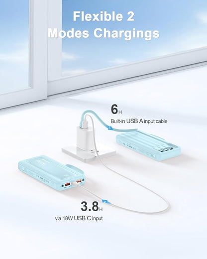 Portable Charger 10000mAh 22.5W Power Bank | Built in 4 Cables, Slim, Fast Charging, USB C LED Display, 6 Outputs & 2 Inputs, Flashlight