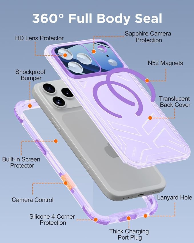 for iPhone 17 Pro Waterproof Case with Magsafe, Built-in [Camera & Screen Protector] [Lanyard], IP68 Water Proof Full Body Dustproof Heavy Duty Frosted Protective Phone Cover, 6.3" Purple
