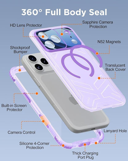for iPhone 17 Pro Waterproof Case with Magsafe, Built-in [Camera & Screen Protector] [Lanyard], IP68 Water Proof Full Body Dustproof Heavy Duty Frosted Protective Phone Cover, 6.3" Purple