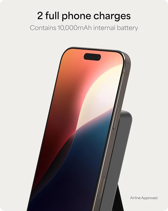 Mophie Powerstation Wireless Slim with Stand 10,000mAh Power Bank – MagSafe Compatible, 15W Qi2-Certified, 30W USB-C PD Fast Charging, Slim Battery Pack for iPhone, Android, Travel & Airplane Use