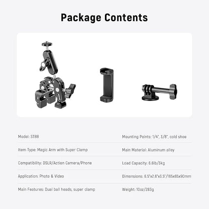 NEEWER Super Clamp with 3" Dual Ballhead Magic Arm, Camera Phone Clamp Mount with 1/4" 3/8" Threads, Cold Shoe, Phone Holder, Action Camera Adapter Compatible with GoPro DJI iPhone 16 15 Pro Max, ST88