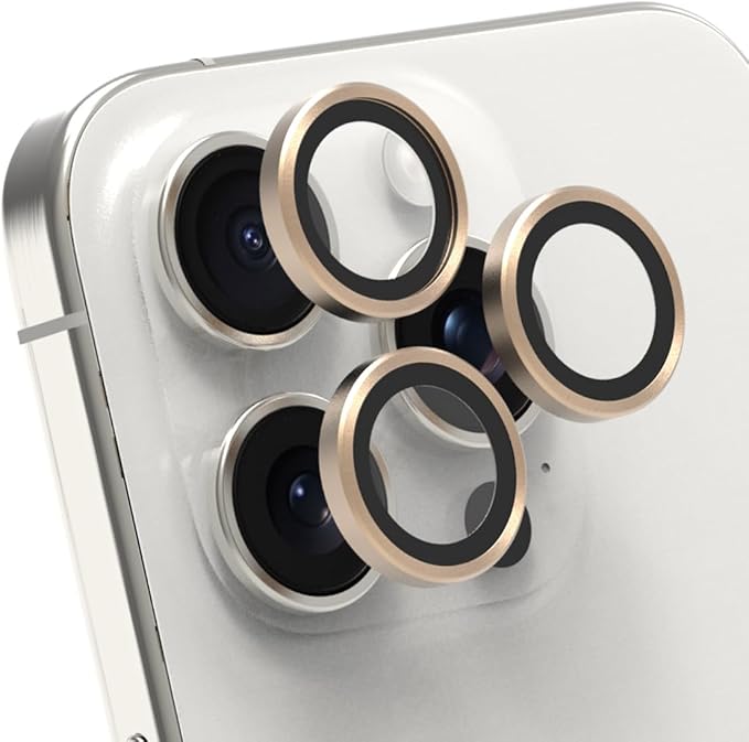 PureGear Camera Lens Protector for Apple iPhone 16Pro, 16ProMax, 15Pro & 15ProMax, Protects Camera Lens from Drops & Scratches, Ultra-Thin HD Tempered Glass Individual Ring Cover Lens Protectors -Gold
