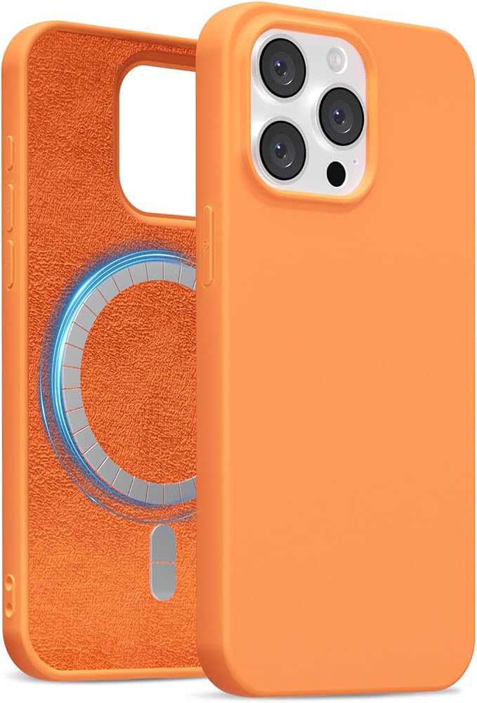 for iPhone 15 Pro Max Case Silicone Compatible with Magsafe Case, Ultra Slim Thin Magnetic Phone Cases Mag Safe, Cute Soft Rubber Gel Matte Plain Wireless Charging Cover for Women, Neon Orange