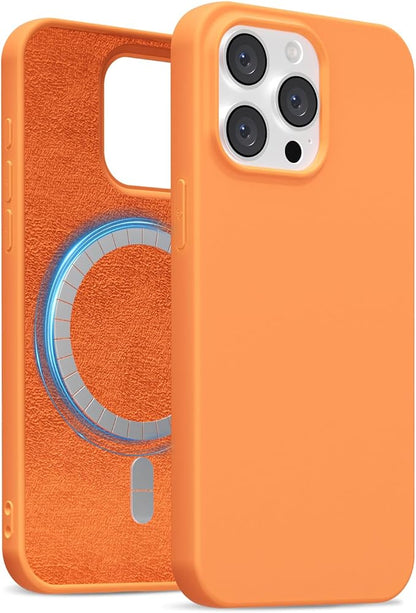for iPhone 14 Pro Case Silicone Compatible with Magsafe Case, Ultra Slim Thin Magnetic Phone Cases Mag Safe, Cute Soft Rubber Gel TPU Matte Plain Wireless Charging Cover for Women, Neon Orange
