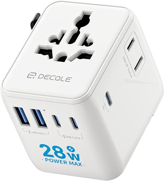 “Pro” Universal Travel Adapter 3 USB-C＆ 2 USB-A Cover 200+ Countries | 28W Max, International Plug Adapter, All in One Portable Adapter, NOT A Voltage Converter, for USA, UK, EU, AU (White)