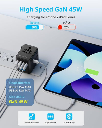 “Pro” Universal Travel Adapter 3 USB-C＆ 2 USB-A Cover 200+ Countries | GaN 45W, International Plug Adapter, All in One Portable Adapter, NOT A Voltage Converter, for USA, UK, EU, AU (Black)