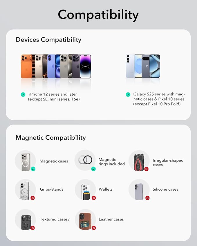ESR for MagSafe Car Mount, Upgraded Dashboard Magnetic Phone Holder for Car, 360° Rotation, Car Phone Holder Mount for iPhone 17/16/16e/15/14/13/12, S25, Pixel 10, Strong Magnets(with 2 Metal Rings)