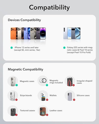 ESR for MagSafe Car Mount, Upgraded Dashboard Magnetic Phone Holder for Car, 360° Rotation, Car Phone Holder Mount for iPhone 17/16/16e/15/14/13/12, S25, Pixel 10, Strong Magnets(with 2 Metal Rings)