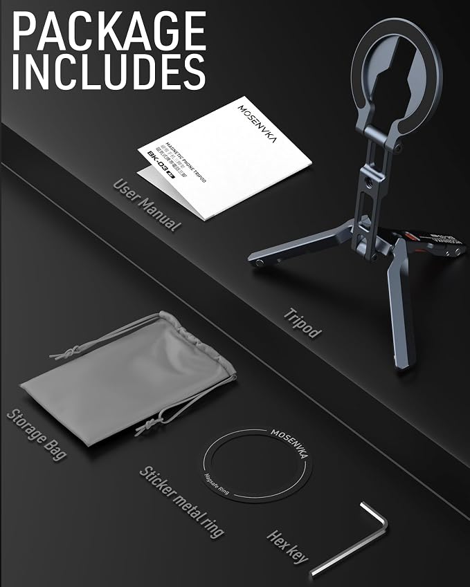 Magnetic Phone Mount,[Ultra-Thin] Magnetic Tripod for iPhone with Arca-Swiss&Cold Shoe&1/4" Screw&Foldable Hook Design,Phone Stand for iPhone 12-17 Series,Vlog,Gym,Travel Use
