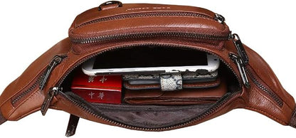 Hebetag Leather Fanny Pack Waist Bag for Men Women Outdoor Travel Walking Hiking Camping Phone Pouch Wallet Casual Daypack (Coffee)