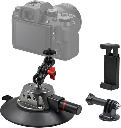 5.9"/15cm Suction Cup Camera Mount with Ball Head Magic Arm, Camera Suction Mount on Car Windshield for DSLR/Action Cameras/Phone Holder, with 1/4" & 3/8" ARRI Holes