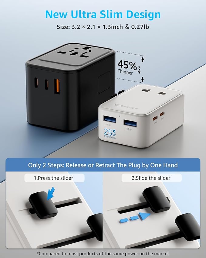 “Air” Universal Travel Adapter 2 USB-C＆ 2 USB-A Cover 200+ Countries | PD 25W, International Plug Adapter, All in One Portable Adapter, NOT A Voltage Converter, for USA, UK, EU, AU (White)