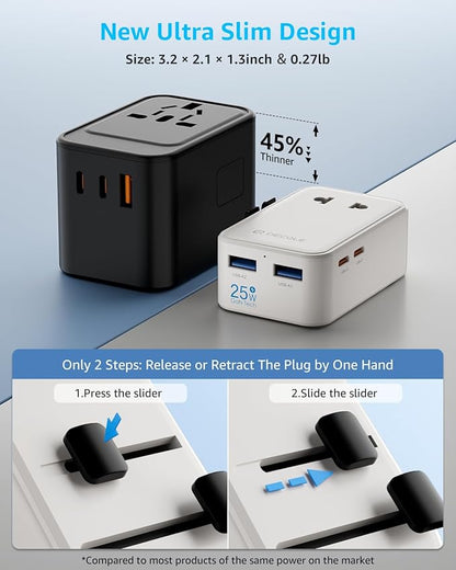 “Air” Universal Travel Adapter 2 USB-C＆ 2 USB-A Cover 200+ Countries | PD 25W, International Plug Adapter, All in One Portable Adapter, NOT A Voltage Converter, for USA, UK, EU, AU (White)
