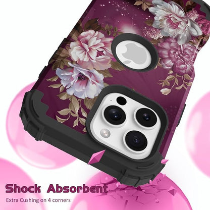 Hocase for iPhone 16 Pro Max Case, Heavy Duty Shockproof Protection Soft Silicone Rubber+Hard Plastic Bumpers Hybrid Protective Case for iPhone 16 Pro Max 2024 - Royal Purple Flowers