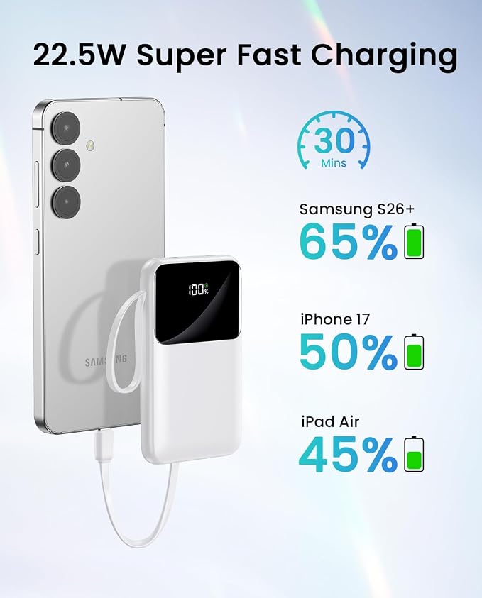 Power Bank, 15000mAh Portable Charger with Built in Cable, 22.5W Fast Charging, 6 Outputs, Slim Travel Essential Battery Pack with LED Display, Compatible with iPhone 17/16/15/14/13, iPad Pure White