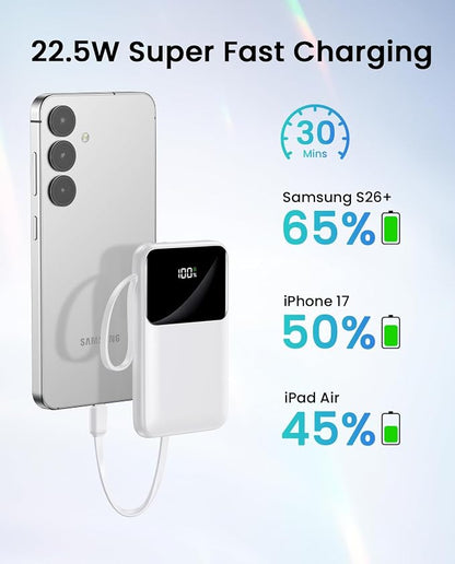Power Bank, 15000mAh Portable Charger with Built in Cable, 22.5W Fast Charging, 6 Outputs, Slim Travel Essential Battery Pack with LED Display, Compatible with iPhone 17/16/15/14/13, iPad Pure White