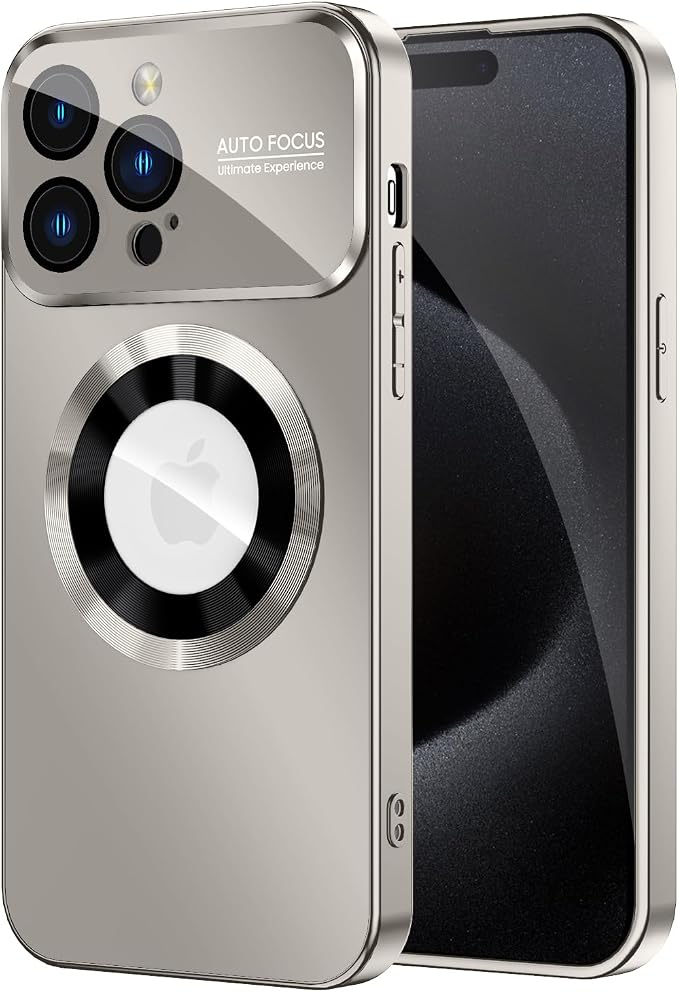 Magnetic for iPhone 15 Pro Max Case, Compatible with MagSafe, Built-in Camera Lens Protector, Logo View, Military Grade Drop Proof Phone Cover, Titanium Gray