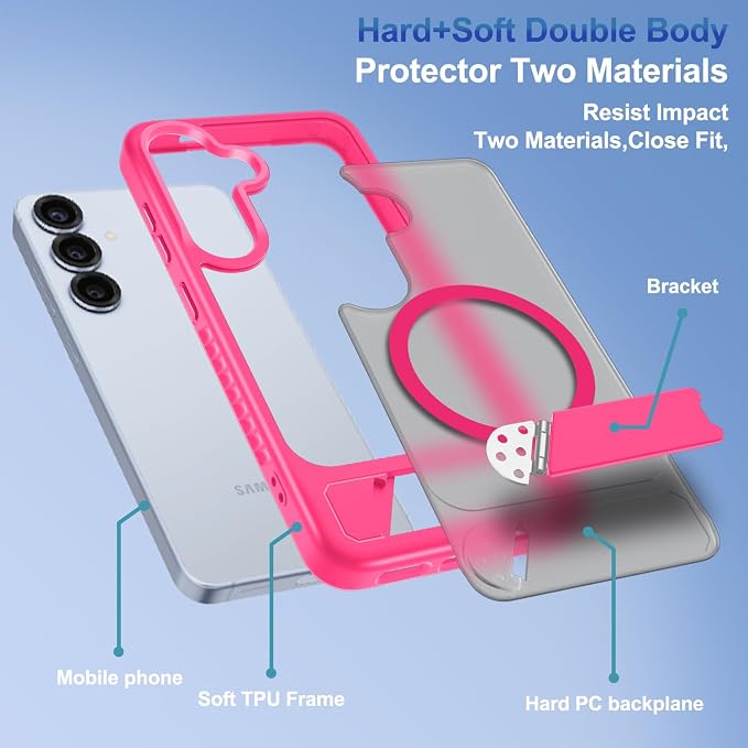 RMOCR for Samsung Galaxy S25 Case with Screen Protector+Lanyard Wrist Strap,Magnetic Translucent Matte Rugged Slim Phone Cover Built in Invisible Kickstand [Fit for MagSafe],2025 Hot Pink