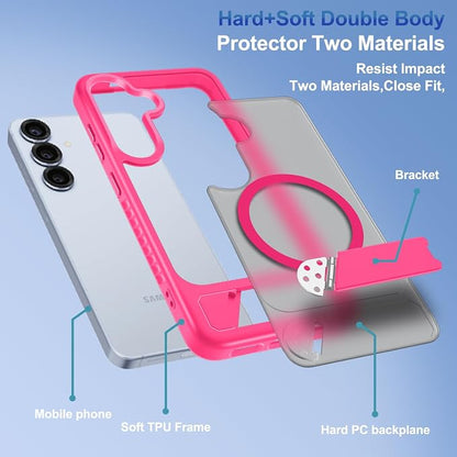 RMOCR for Samsung Galaxy S25 Case with Screen Protector+Lanyard Wrist Strap,Magnetic Translucent Matte Rugged Slim Phone Cover Built in Invisible Kickstand [Fit for MagSafe],2025 Hot Pink