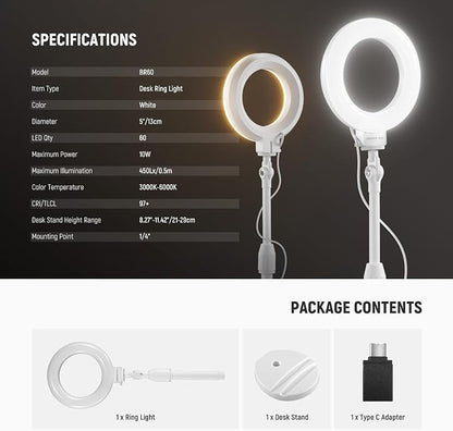 NEEWER BASICS 5"/13cm Desk Ring Light with Stand, 10W LED Selfie Light with Phone Holder Base Compatible with iPhone for Video Recording Laptop Webcam Zoom Video Conference Lighting Makeup, White BR60
