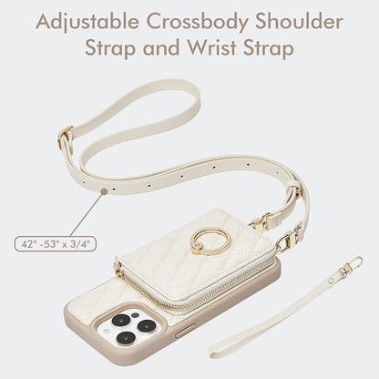 ZVE Wallet Case for iPhone 16 Pro Max with Card Holder, Ring Stand Crossbody Zipper Wallet Lanyard Case for iPhone 16 Pro Max 6.9 Inch-Beige