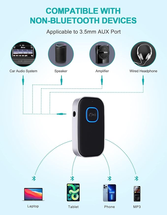 Bluetooth Car Adapter, WOCBUY 3.5mm AUX Bluetooth Receiver for Music Streaming, Wireless Music Audio Adapter with Built-in Mic, Home Stereo, Speakers (Handsfree Car Kits, 16H Playtime)