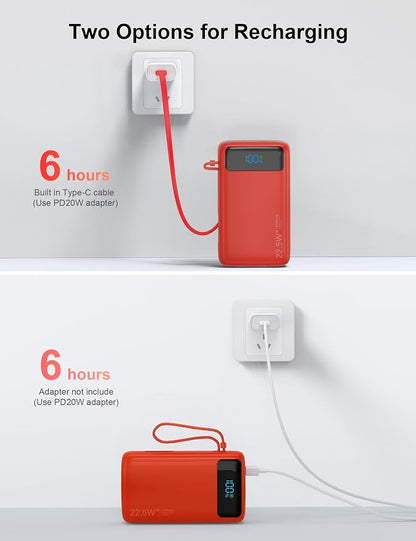 Portable Charger, 27000mAh 22.5W Fast Charging Power Bank with Built-in Cable, USB C Battery Pack with LED Display & Flash Light, Travel Essential External Battery Charger Bank for iPhone Samsung Red