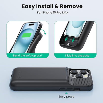 Battery Case for iPhone 15 Pro Max,Powerful 8600mah Ultra-Slim Protective Charging Case,15W Fast Charging Portable Rechargeable Expandable Battery Charger Cover for iPhone 15 Pro Max(6.7inch)-Black