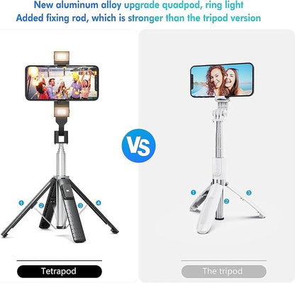 41” Selfie Stick Tripod Quadrapod with 2 Rechargeable Fill Light, Extendable Tripod with Bluetooth Remote, Stainless Steel, 3 Light Modes, 9 Brightness Levels, Compatible for All iPhone & Android