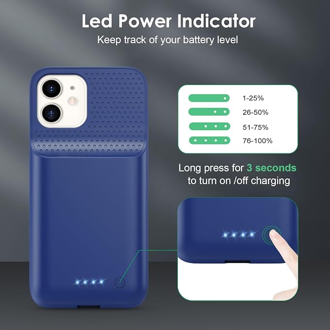 Battery Case for iPhone 12/12 Pro,[2025 Upgraded] 10800mAh Ultra-Slim Portable Extended Charger Case Cover for iPhone 12/12 Pro Charging Case (6.1 Inch)-Blue